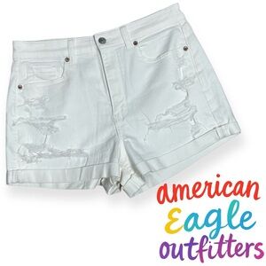 AE Stretch White Denim Mom Shorts ripped distressed cuffed jean shorts size 10